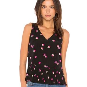 REBECCA TAYLOR Floriana Stretch Silk Tank Top Pleated Peplum Black Floral Combo